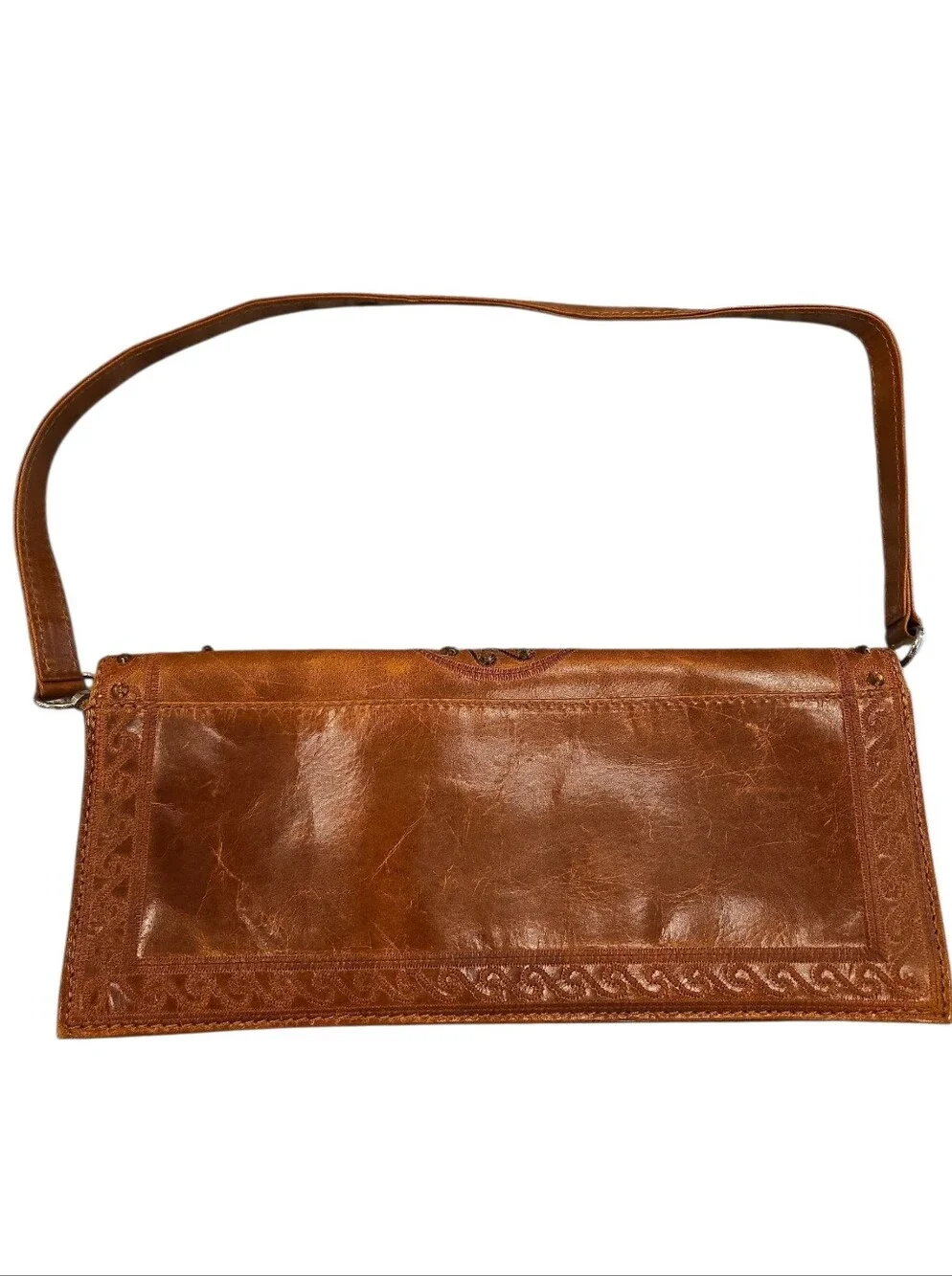 WILSON'S LEATHER VTG Y2K LEATHER COGNAC CLUTCH SHOULDER BAG.  EMBROIDERY/ GEMS.